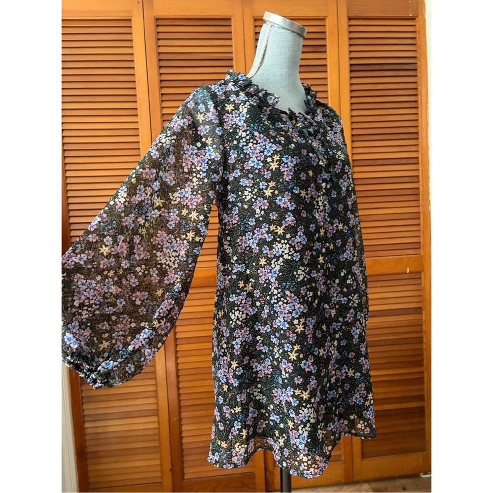 Retro Babydoll Dark Floral Neck Tie Balloon Sleeve A Line Dress Buddy Love